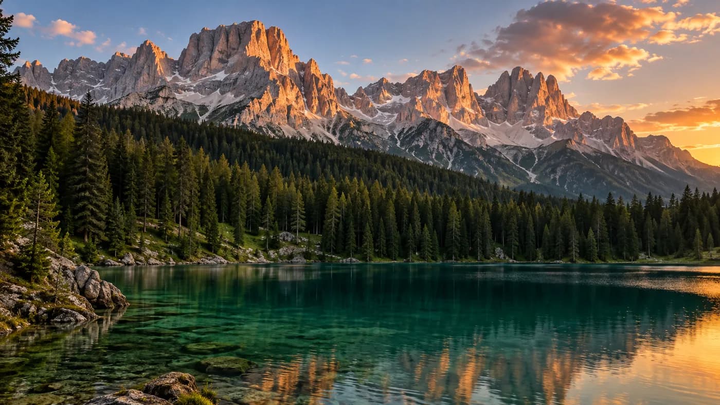 Alpine lake and forest beneath the Dolomites at sunset