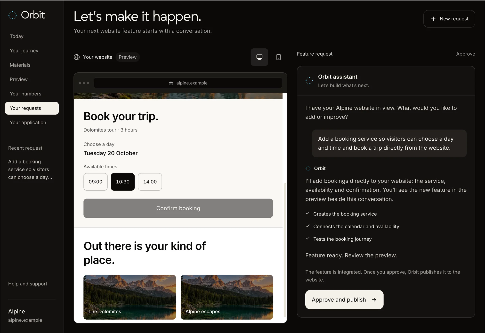 The Orbit platform: the project menu on the left, the website preview with the new booking feature in the centre, and the chat with the Orbit assistant ready for approval on the right.